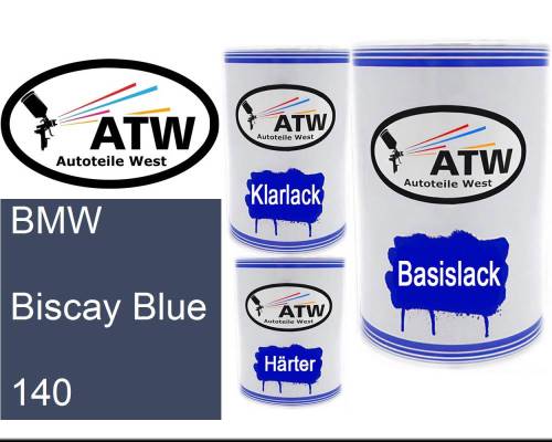 BMW, Biscay Blue, 140: 500ml Lackdose + 500ml Klarlack + 250ml Härter - Set, von ATW Autoteile West.